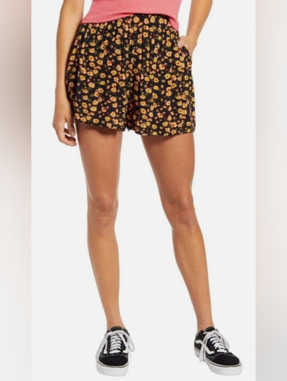 Women's Bp. Easy Pleated Floral Shorts Sz XS / Small-Black W yellow orange Flowe